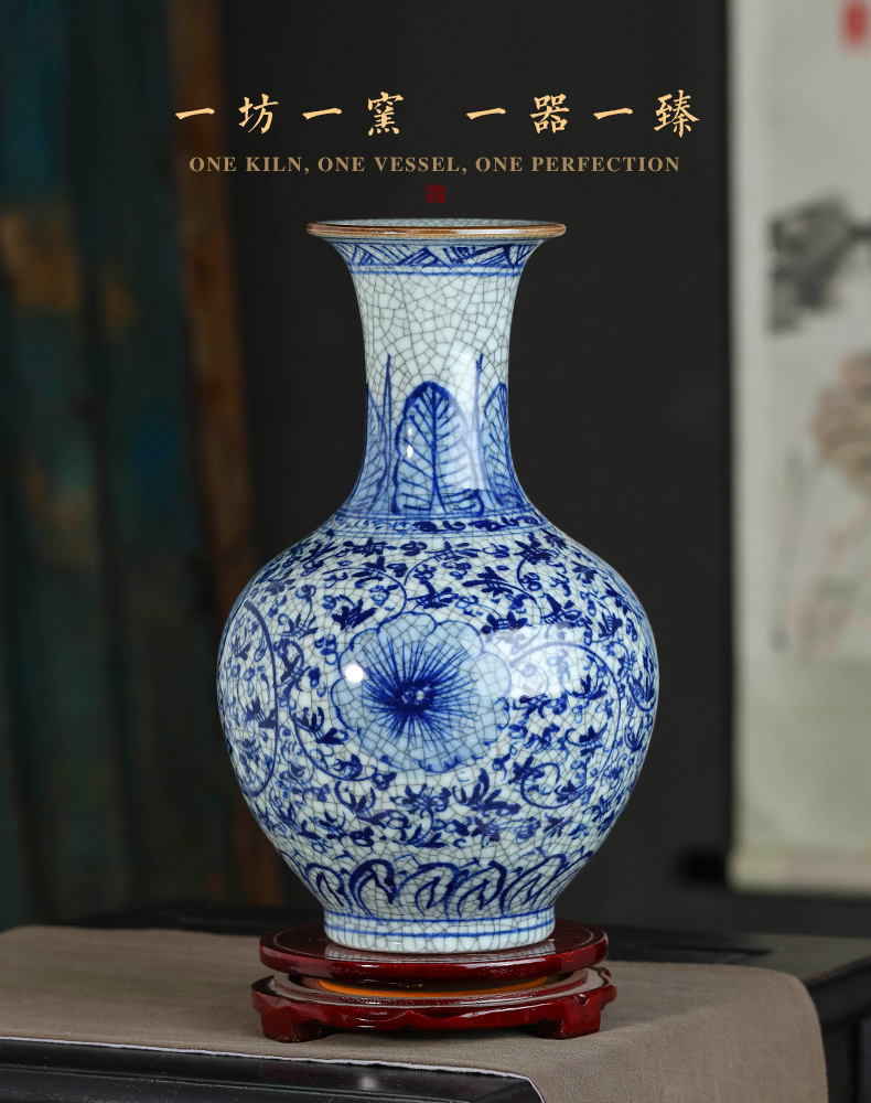 Jingdezhen ceramics Chinese style living room home wine ark, adornment furnishing articles antique hand - made crack blue and white porcelain vase