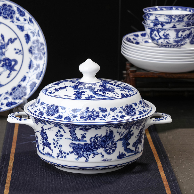 Tableware suit Chinese style household retro dishes suit 60 head of jingdezhen blue and white porcelain bowls set suit household gifts