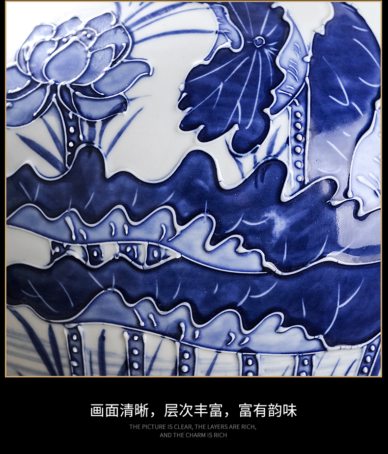 Jingdezhen ceramics hand - made reliefs of blue and white porcelain vase furnishing articles of Chinese style living room porch household flower decorations