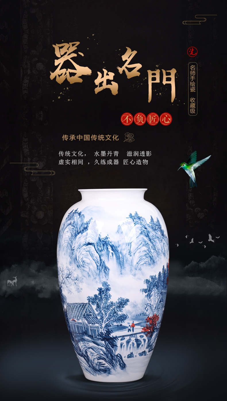 Jingdezhen ceramics by hand draw large blue and white porcelain vase flower arranging new Chinese style sitting room adornment is placed