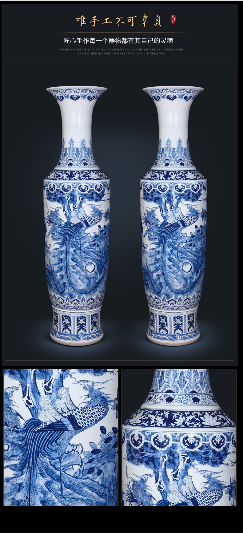 Jingdezhen ceramics hand - made large blue and white porcelain vase to heavy archaize hotel opening gifts large furnishing articles