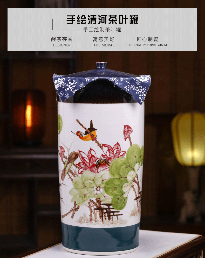 Jingdezhen ceramic household with cover large storage tank to the heavy barrel puer tea caddy fixings large - sized hand - made furnishing articles