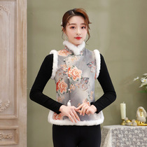 Chinese style retro Rex rabbit fur ethnic vest 2024 short all-match vest cotton suede single-breasted stand collar