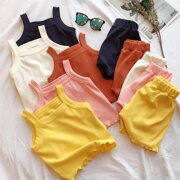 . Womens Summer Suit 2020 Summer Outfit New Baby Hàn Quốc phiên bản của màu sắc rắn mềm tay cảm thấy thoải mái vest quần short thiết lập.