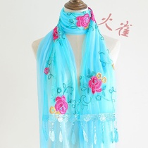 Scarf woman autumn winter new long style embroidered silk scarves 100 hitch scarf embroidery lace female girth