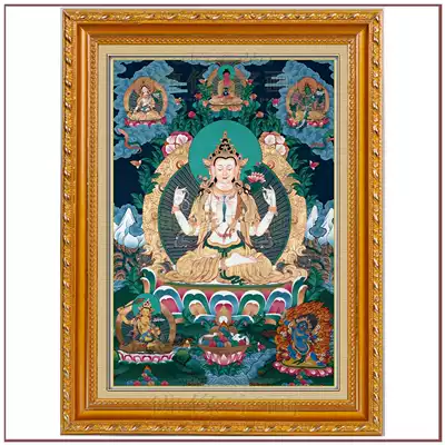 Tim Fuhui's four-armed Guanyin Bodhisattva has a relationship with Tibetan Buddhism Tantra mantra, mantra, Buddha statues hanging in Tangka-= 5