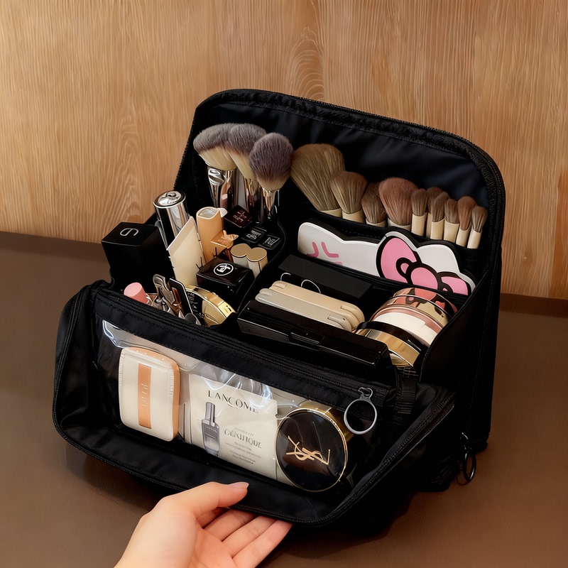 Black Cosmetic Bag, Small Portable Cosmetic Bag for Women, 2026 New Model, Partitioned Niche Travel Toiletry Bag