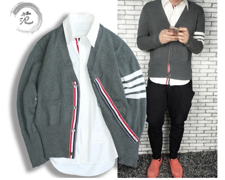 Jin Fan tb gió màu xám dải áo len nam giới và phụ nữ vài bốn thanh 4 khóa màu xanh đoạn ngắn slim red cardigan