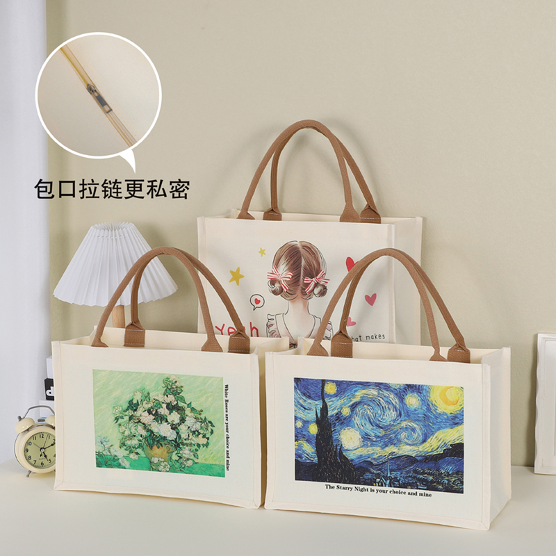 Canvas Zipper Bag, Fashionable and Artistic Bag, Three-Dimensional Waterproof Tote Bag, Student Commuting Canvas Bag, Large Capacity for Carrying Books