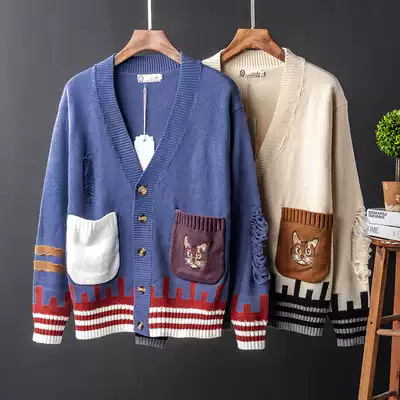 Japanese retro knit sweater jacket men and women ins Korean version of V-collar color color couple sweater boys' cardigan tide
