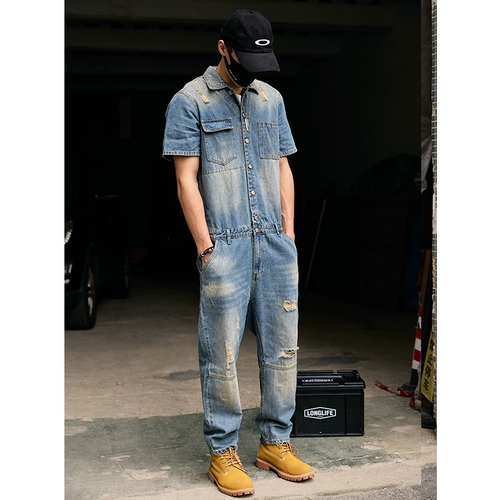 Ретро мужской комбинезон, джинсовое боди, короткий рукав