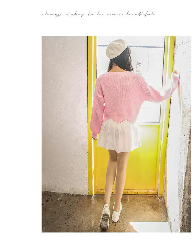 Xuân 2018 mới ngọt ngào thời trang lượn sóng bên dài tay áo len ngắn cổ tròn nữ áo len hoang dã nữ