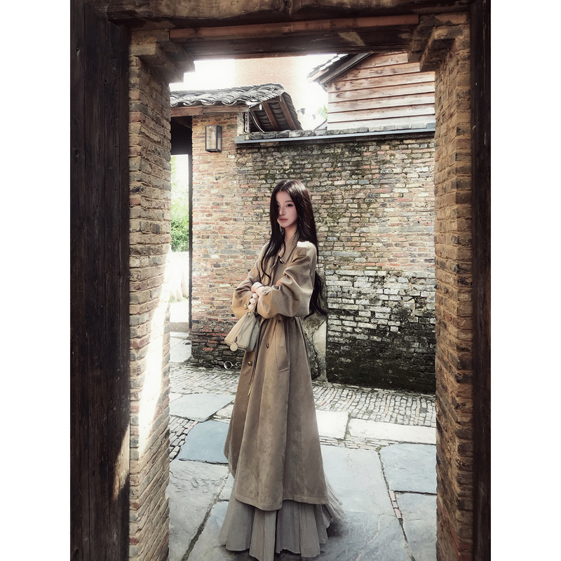 Icelolly【Berlin Time Capsule】Suede Long Trench Coat for Women, Autumn Outfit, New Style, Rich Girl Overcoat