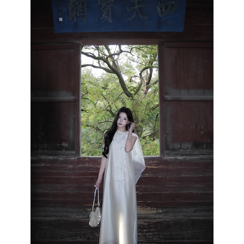 Icelolly Lyocell Waist-Cinching White Shawl Vest Dress for Women, Especially Beautiful in Early Summer, Waist-Cinching Long Dress