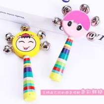 Wooden baby toddler cartoon smiley face bell wooden hand bell Rattle Wave Baby Early to teach Toys
