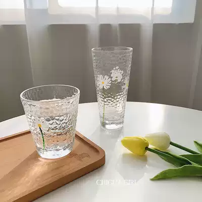 Japanese ins hand-painted Daisy hammer eye glass fresh little Daisy transparent heat-resistant glass water Cup