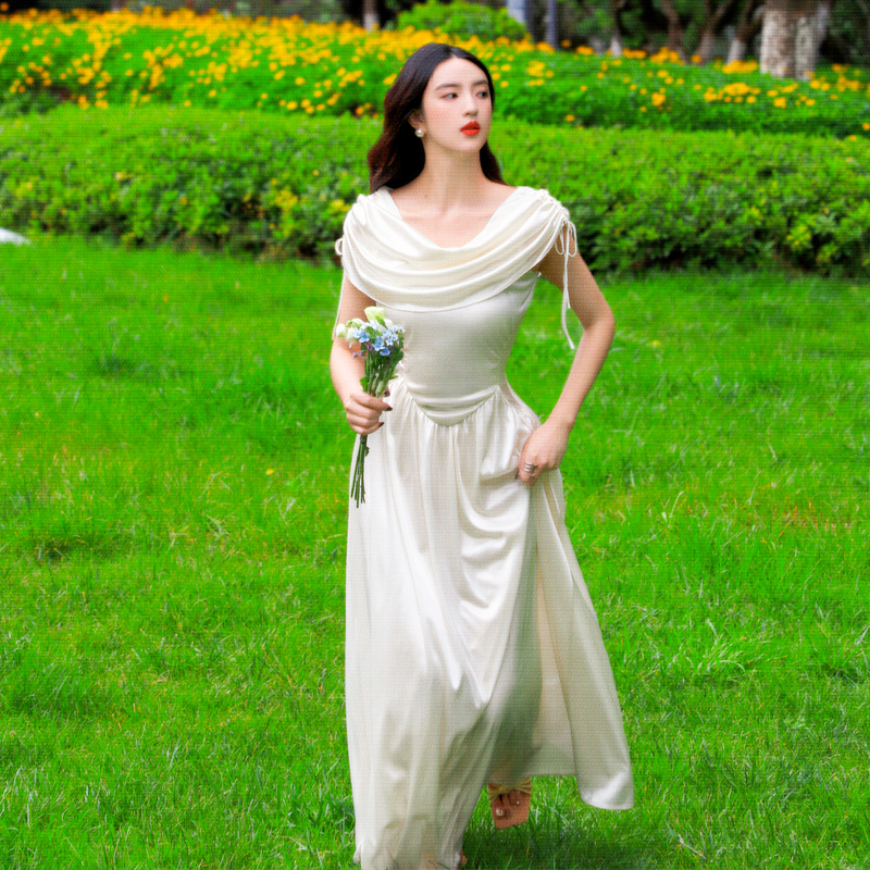 Oil Painting Girl White Moonlight Vintage Dress French Court Design Draped Collar Dress High-End Little White Dress