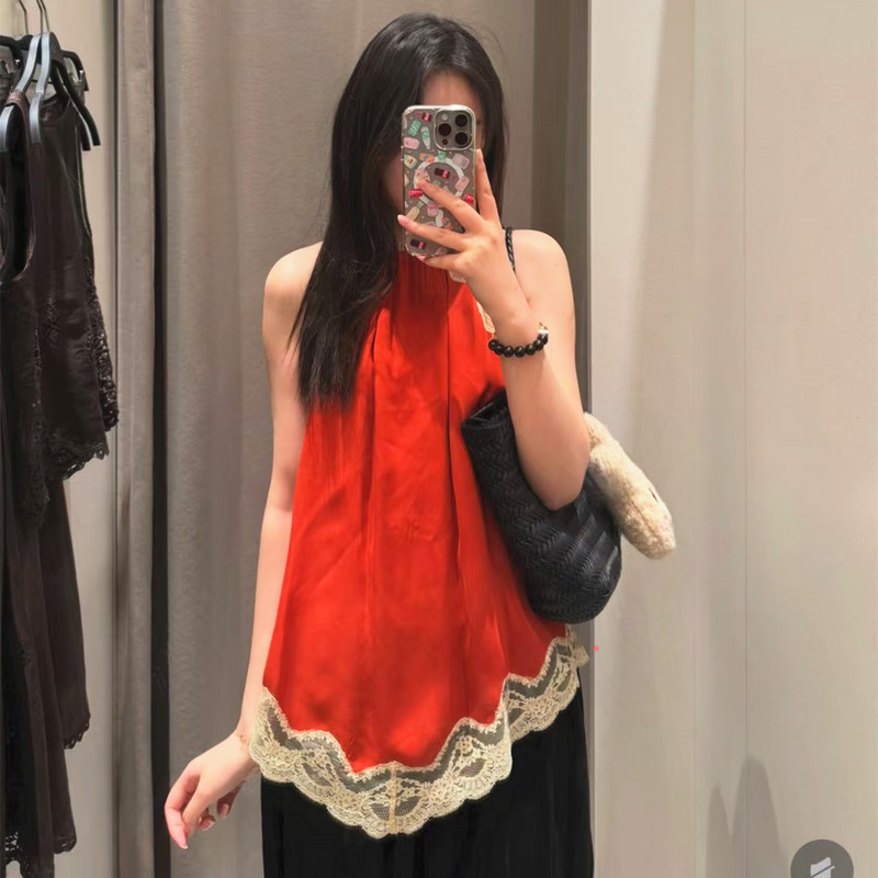 2026 Spring and Summer New Women's Fashion Asymmetrical Hem Contrasting Color Lace Splicing Halter Top 5107089
