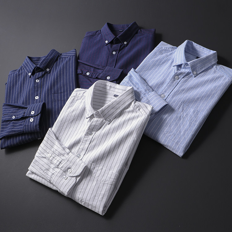 My Heart Is Good All-match Striped Foreign Trade Label Scissors Men's Casual Oxford Spinning Long Sleeve Shirt Men's Striped Shirt