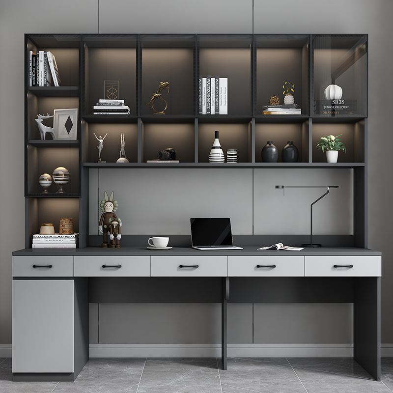 Computer Desk, Home Solid Wood Writing Desk, Student Double Desk, Counter-Type Light Luxury Bookshelf Integrated Study Table