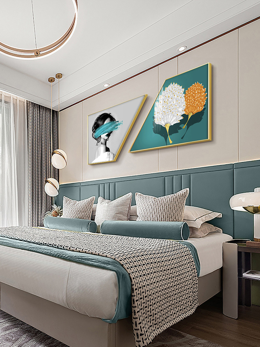 Modern light luxury character bedroom bedside decoration painting living room feather abstract painting master bedroom double creative trapezoidal hanging painting