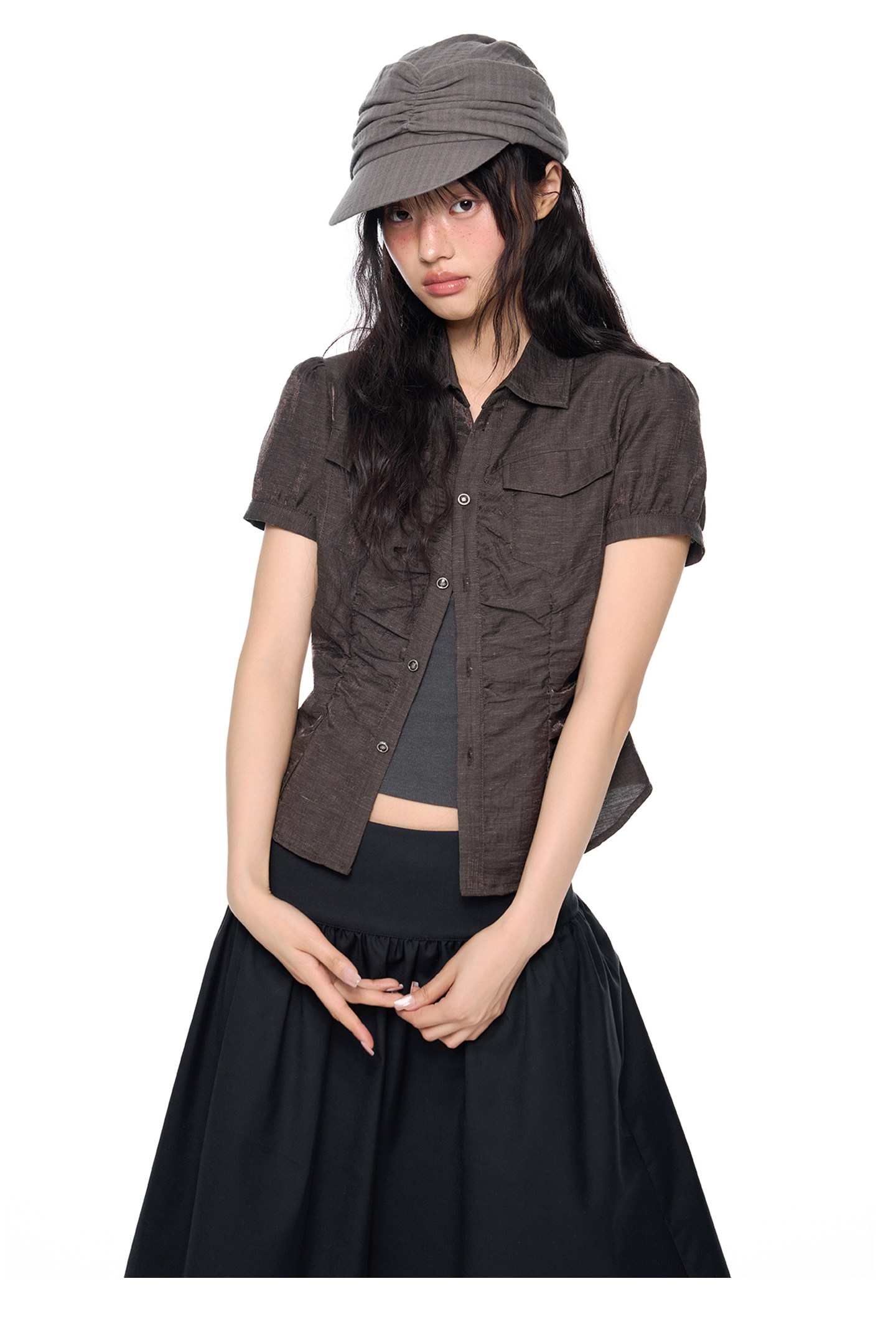 EZEK Checked Puff-Sleeve Cropped Shirt