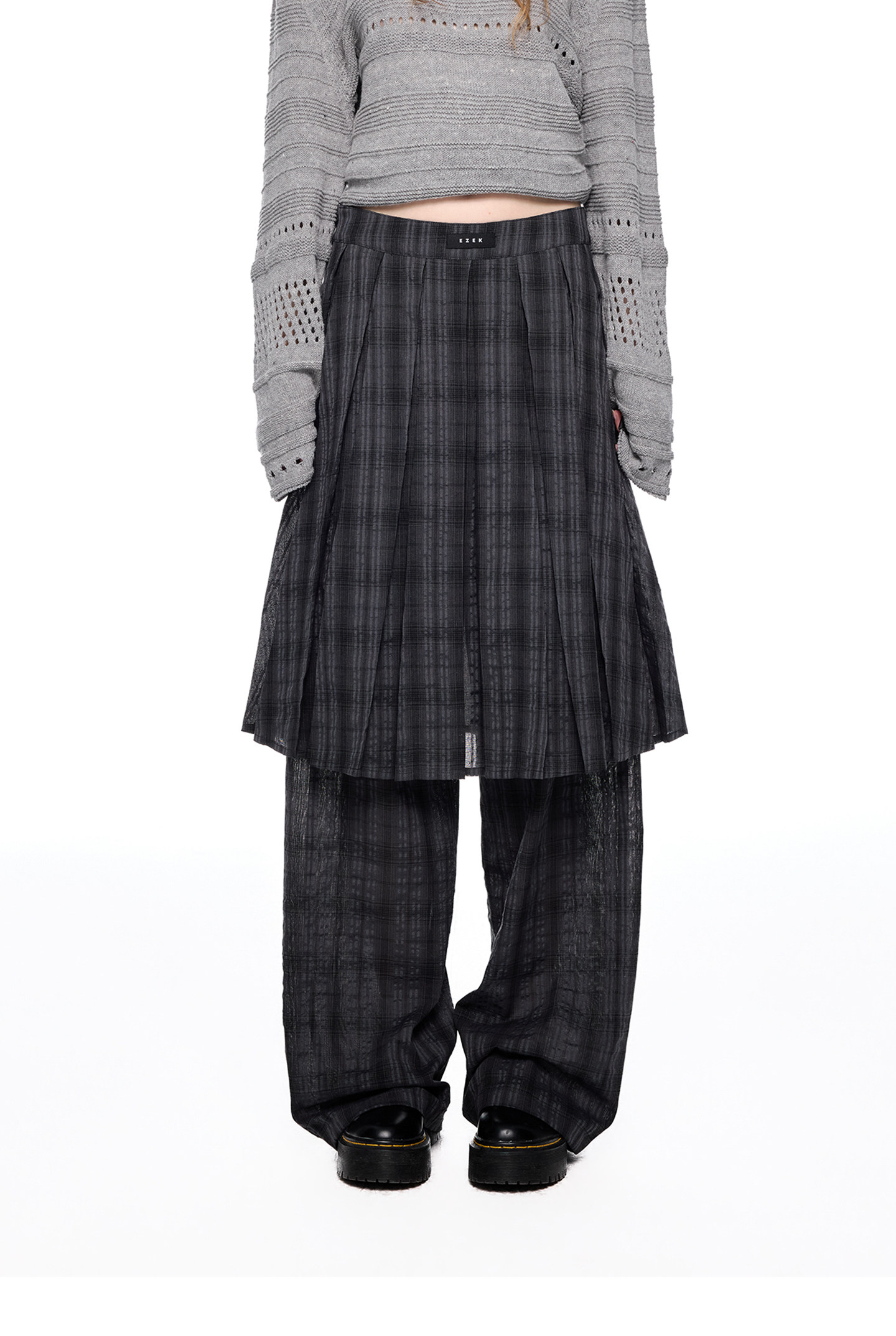 EZEK Plaid Pleated Wide-Leg Skirt Pants