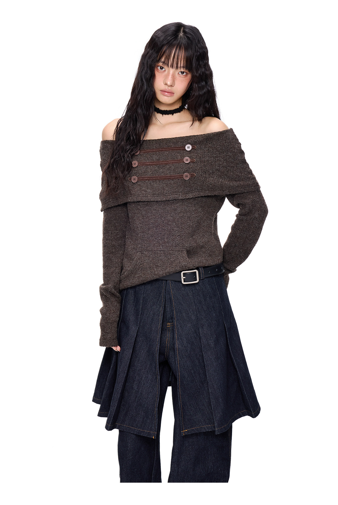 EZEK Off-Shoulder Button Knit Top