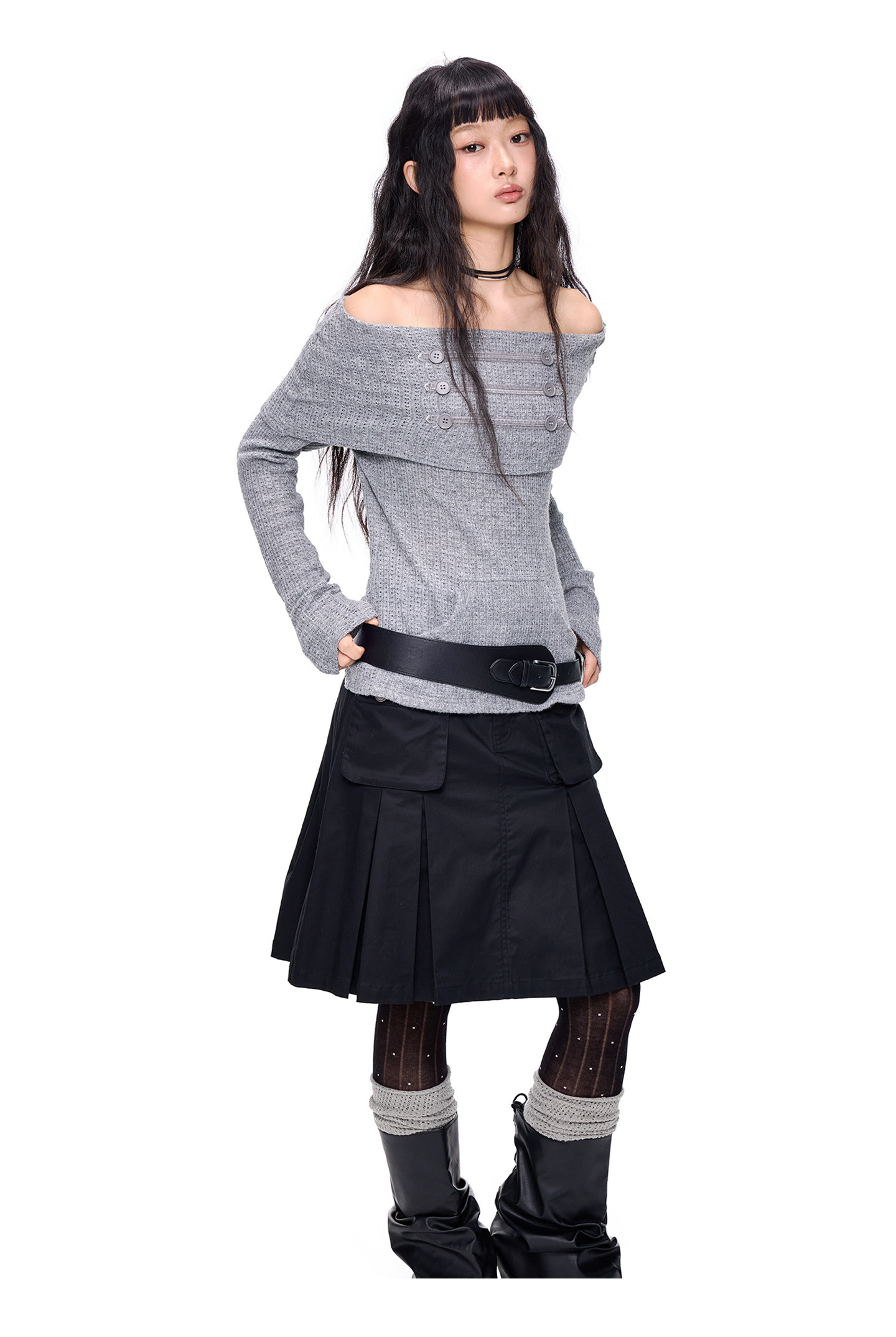 EZEK Off-Shoulder Button Knit Top
