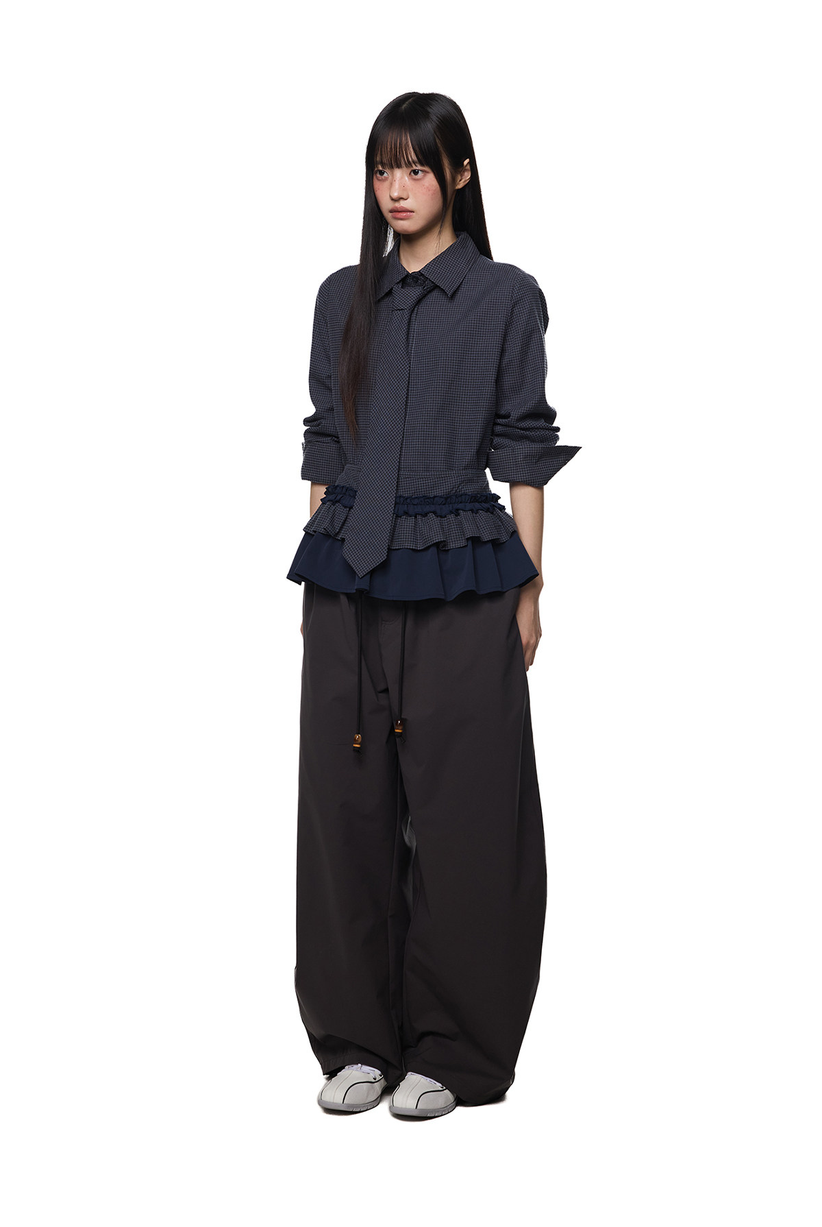 EZEK Plaid Ruffle Pleated Shirt
