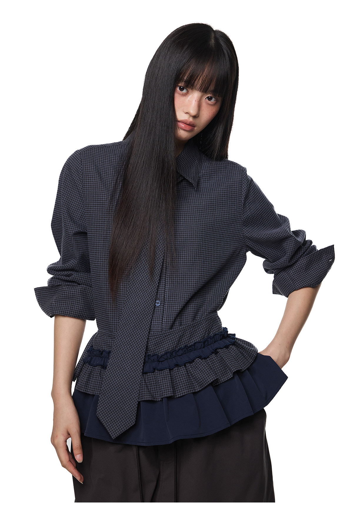 EZEK Plaid Ruffle Pleated Shirt