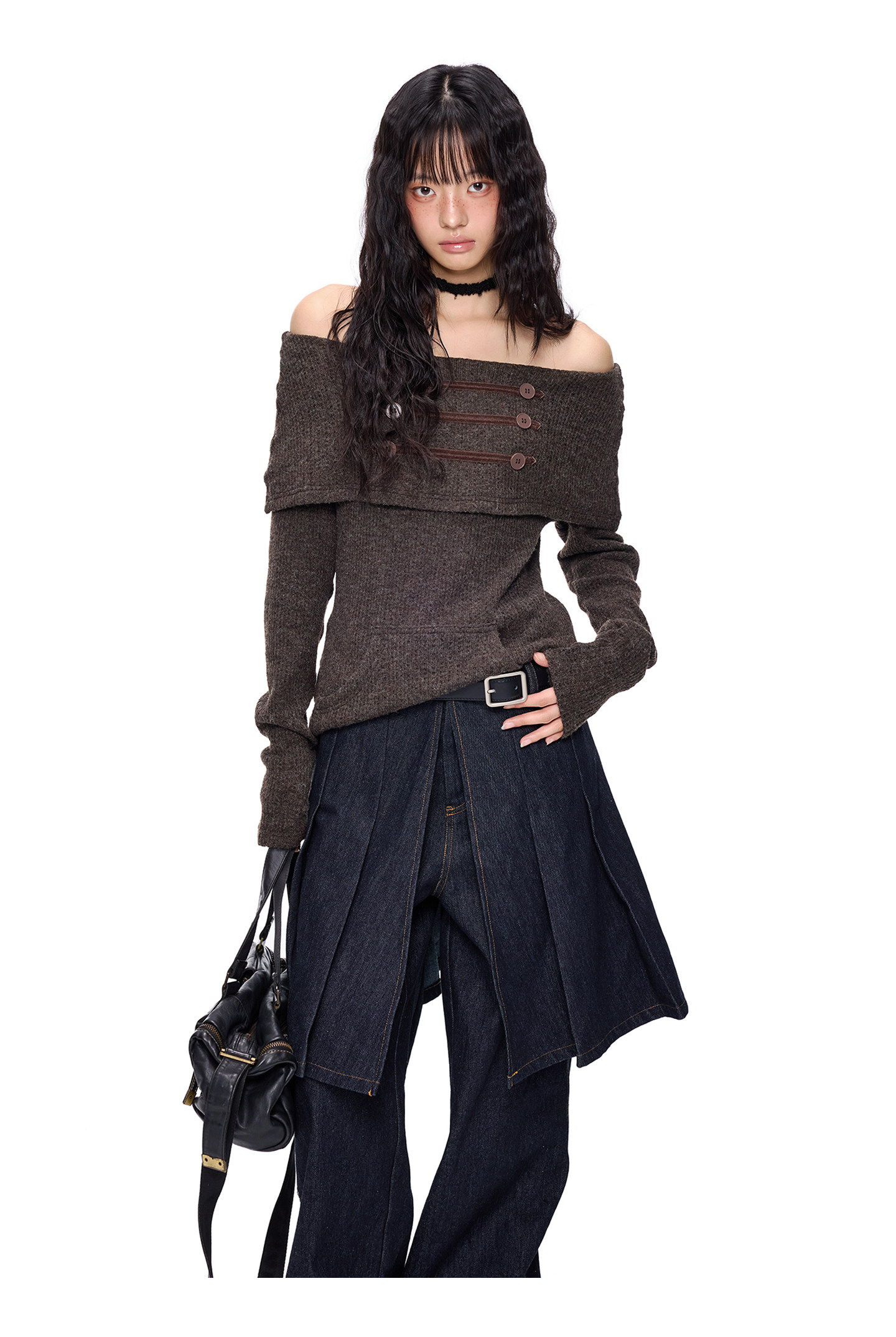 EZEK Off-Shoulder Button Knit Top