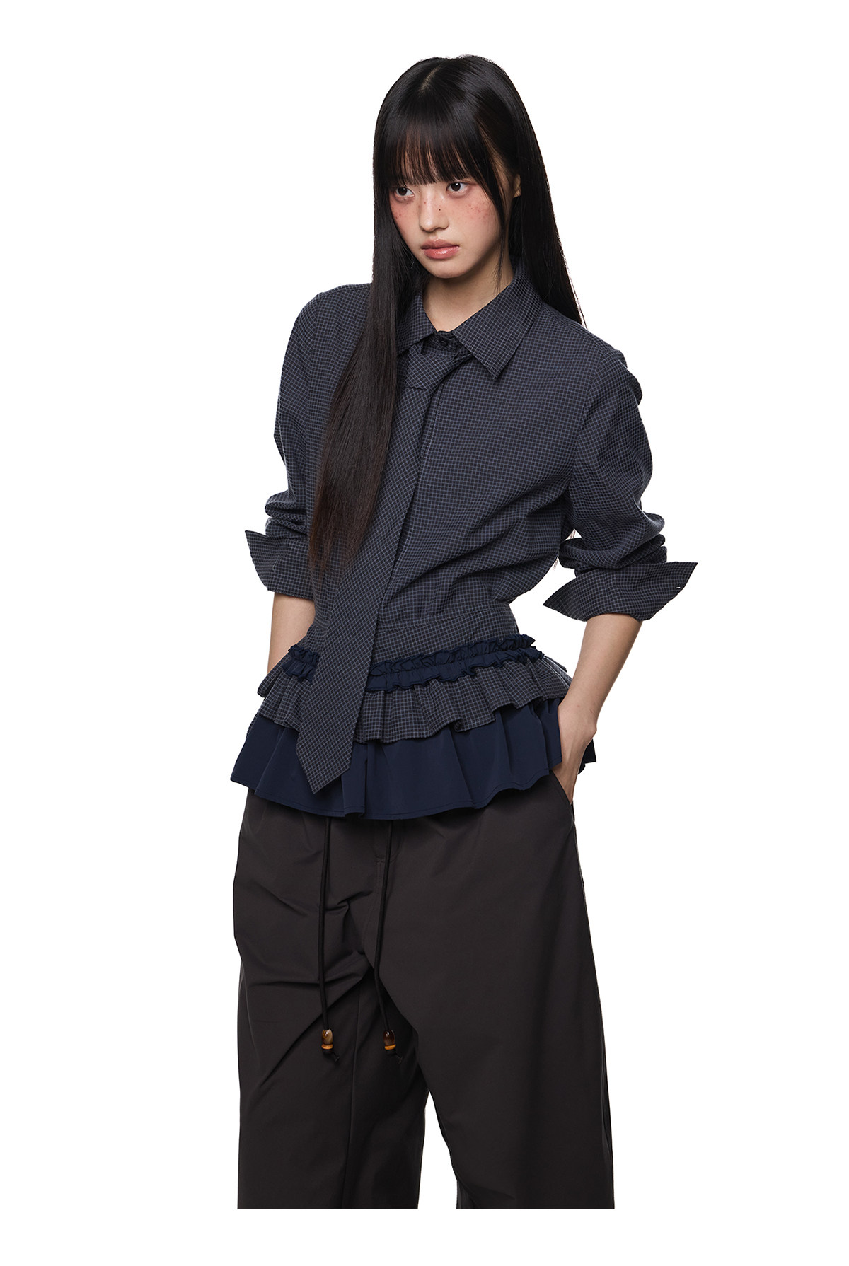 EZEK Plaid Ruffle Pleated Shirt