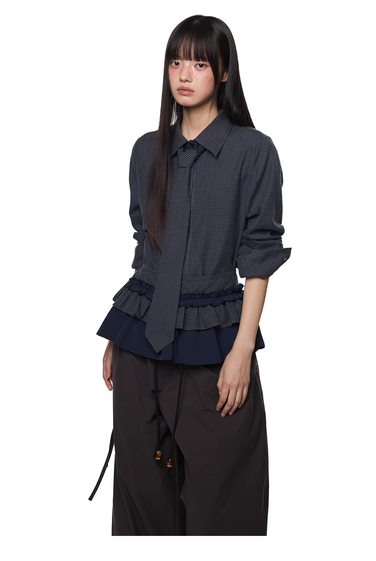 EZEK Plaid Ruffle Pleated Shirt