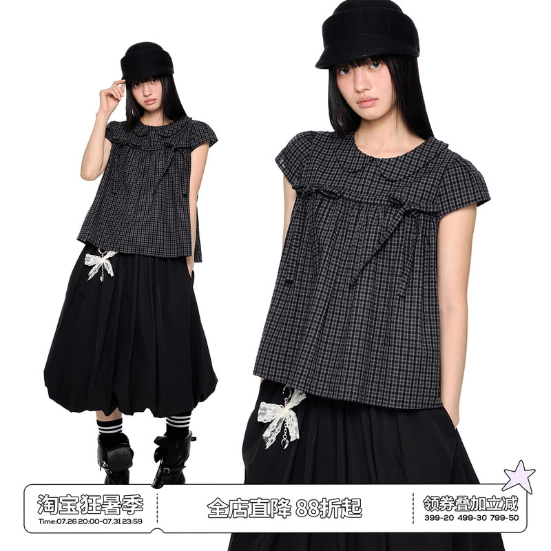 Ezek Doll Collar Plaid Tie Short-Sleeved Shirt for Women Summer New Loose Casual Slimming Retro Doll Shirt T-Shirt Ezek Doll Collar Plaid Tie Short-Sleeved Shirt for Women Summer New Loose Casual Slimming Retro Doll Shirt T-Shirt