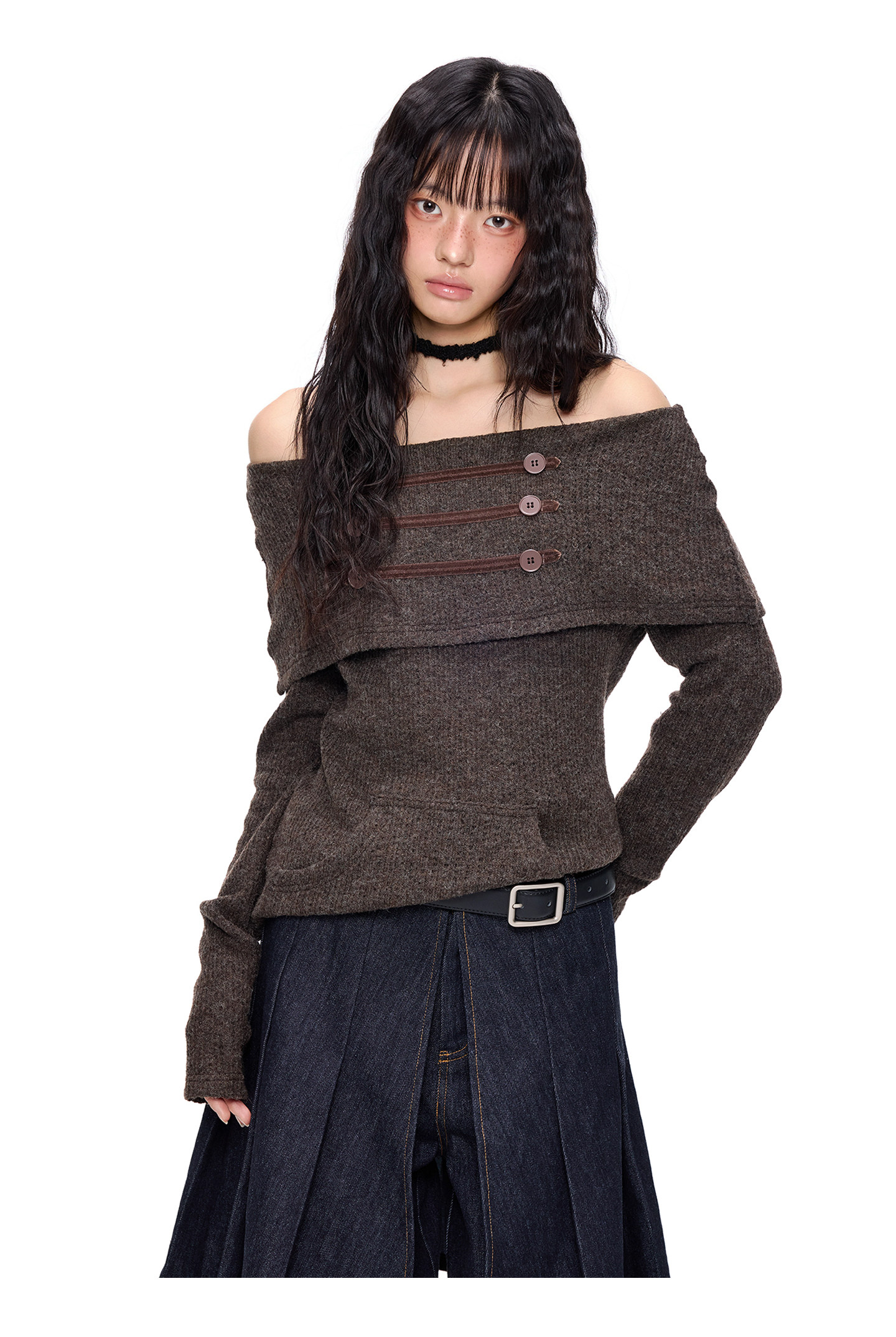 EZEK Off-Shoulder Button Knit Top