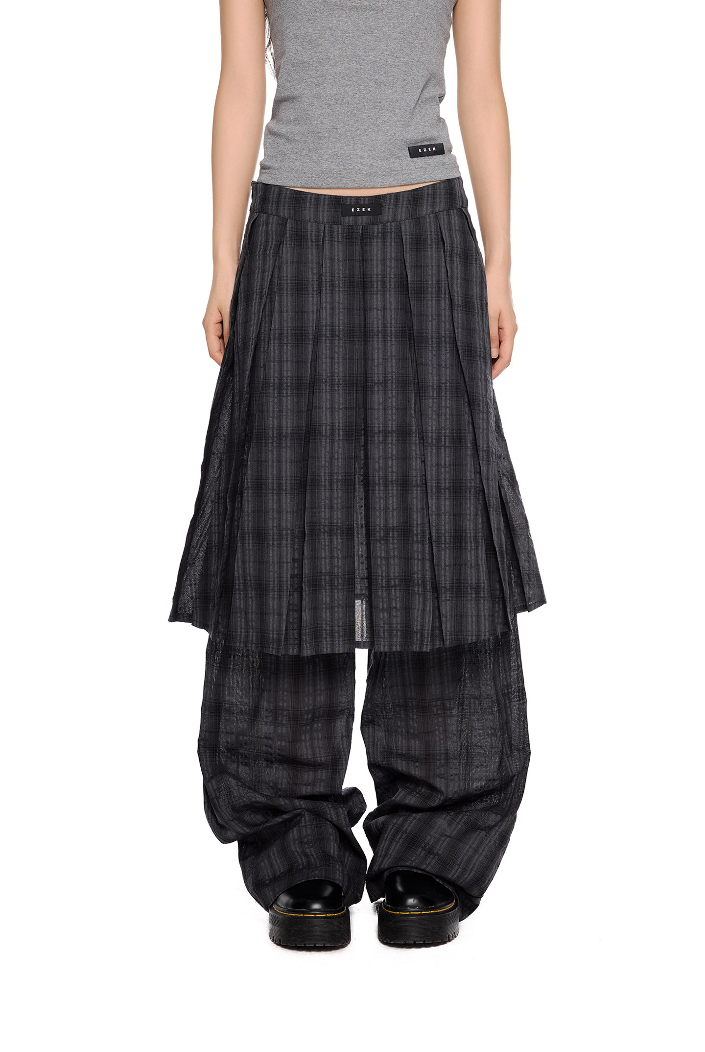 EZEK Plaid Pleated Wide-Leg Skirt Pants