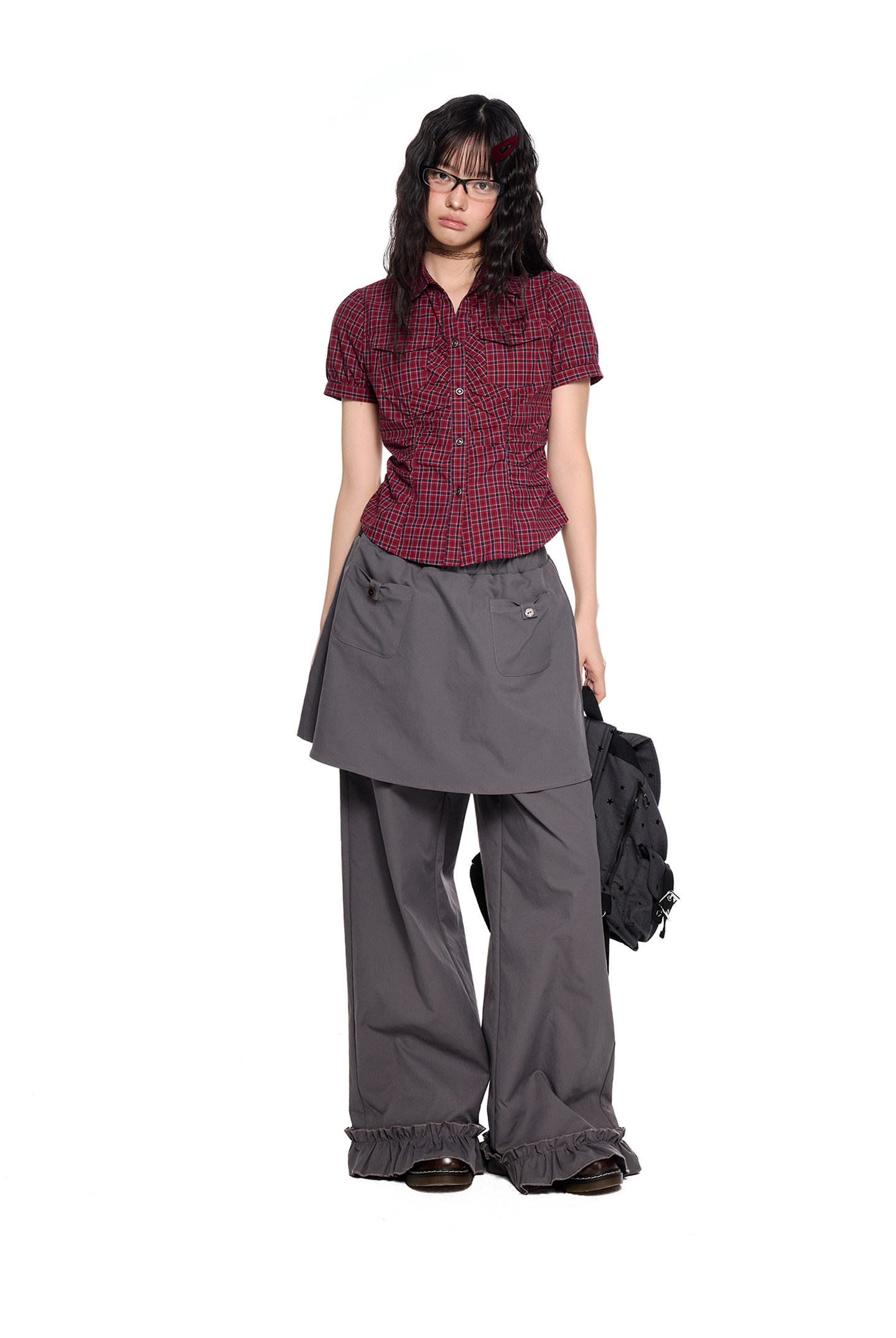 EZEK Checked Puff-Sleeve Cropped Shirt
