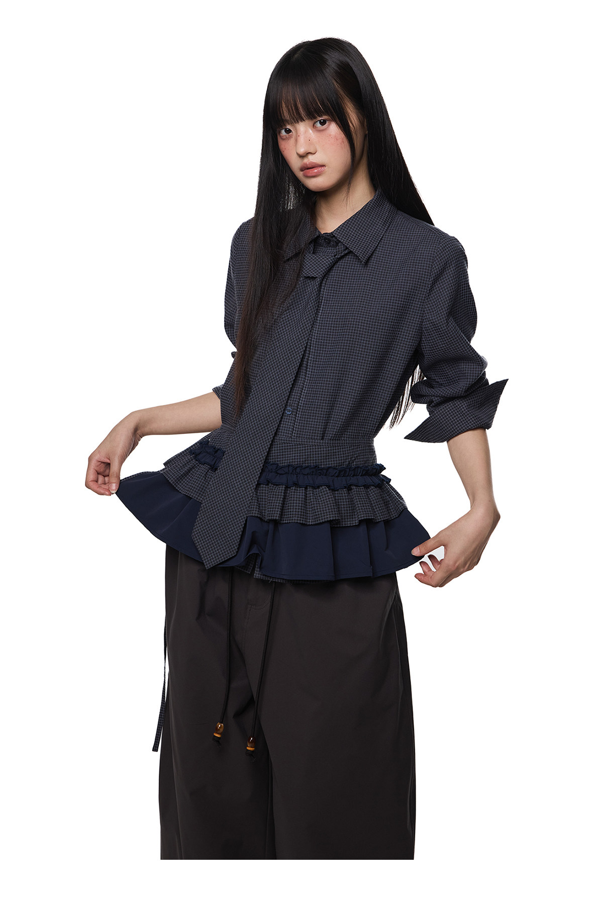 EZEK Plaid Ruffle Pleated Shirt