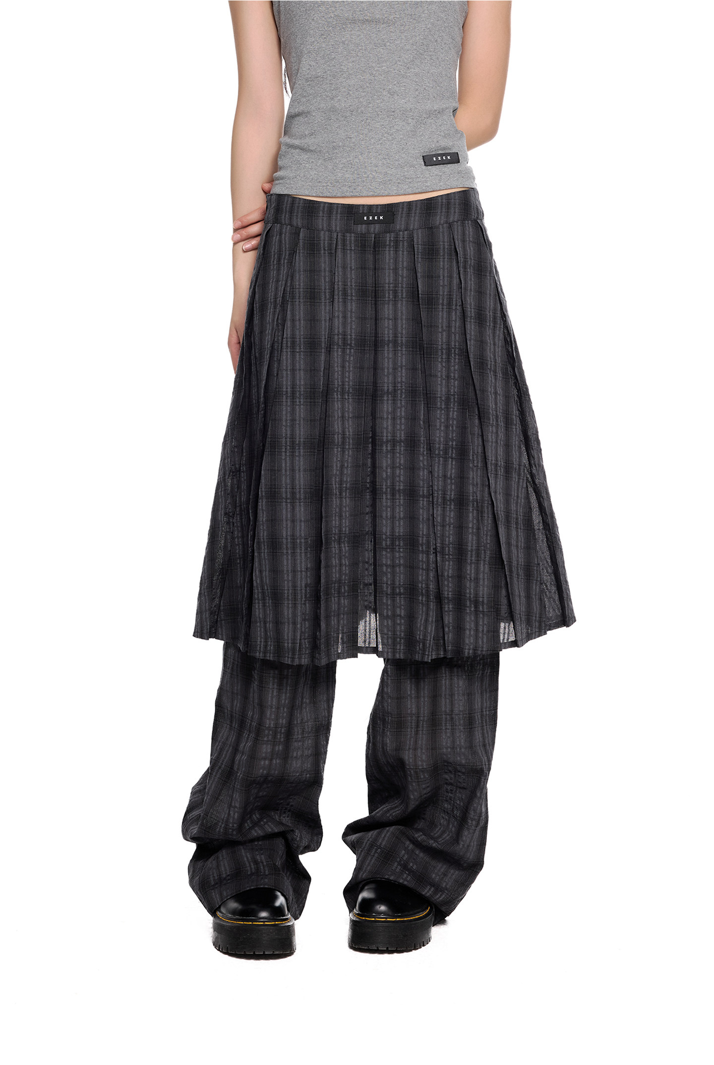 EZEK Plaid Pleated Wide-Leg Skirt Pants