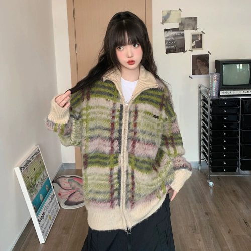 Оригинальный дизайнерский ретро демисезонный свитер, куртка, трикотажный кардиган, в американском стиле, оверсайз