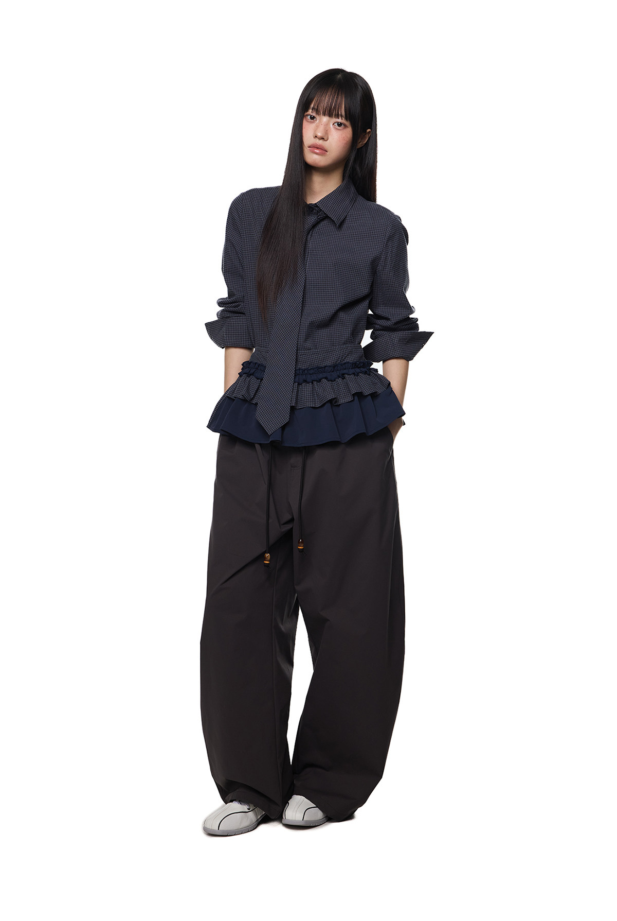 EZEK Plaid Ruffle Pleated Shirt