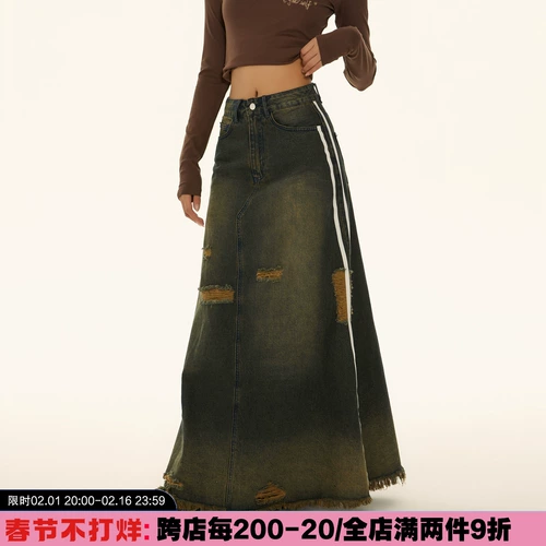 Ретро приталенная длинная джинсовая юбка, в американском стиле, средней длины