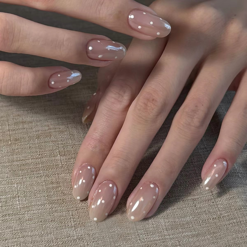 Handmade Nude Color Haili Press-On Nails White Polka Dot Gradient Medium Oval Nail Patches Manicure Summer Korean Style ins Handmade Nude Color Haili Press-On Nails White Polka Dot Gradient Medium Oval Nail Patches Manicure Summer Korean Style ins