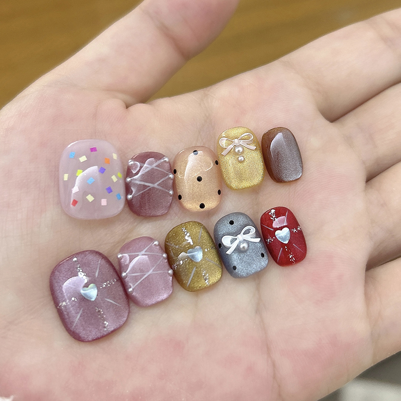 Super Popular Dopamine Colorful Nail Art Cat Eye Bow Short Nails Press-On Nails Short Style Student Party Nail Tips