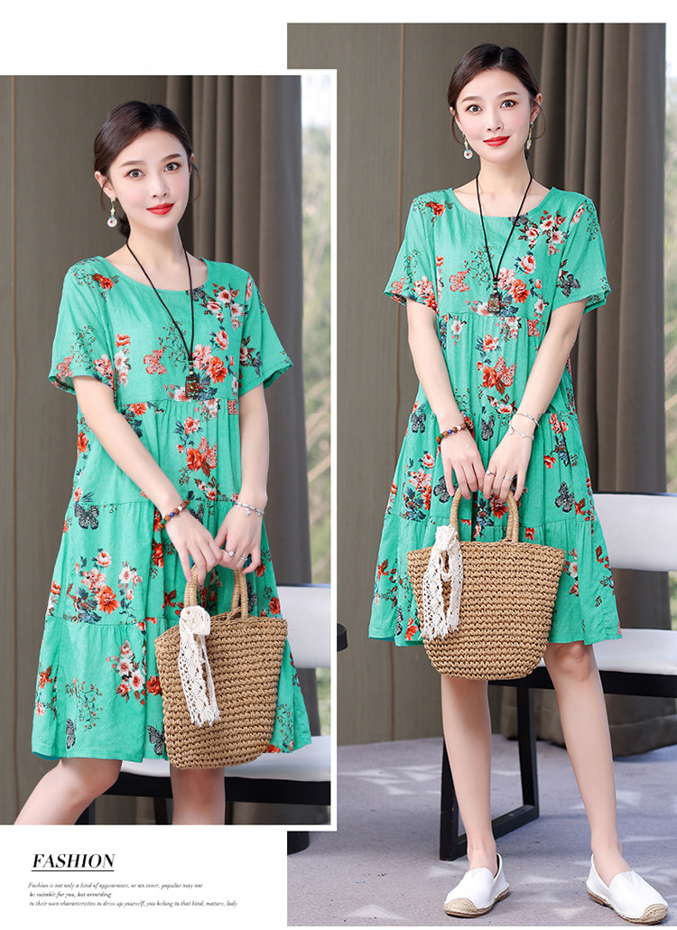 Mom Loose Slim Floral Cotton Silk Dress Summer Dress 2023 New Women's Short Sleeve Stylish Fashion Elegant