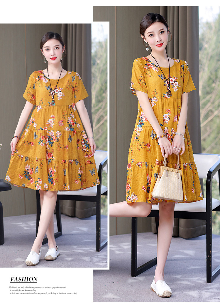 Mom Loose Slim Floral Cotton Silk Dress Summer Dress 2023 New Women's Short Sleeve Stylish Fashion Elegant