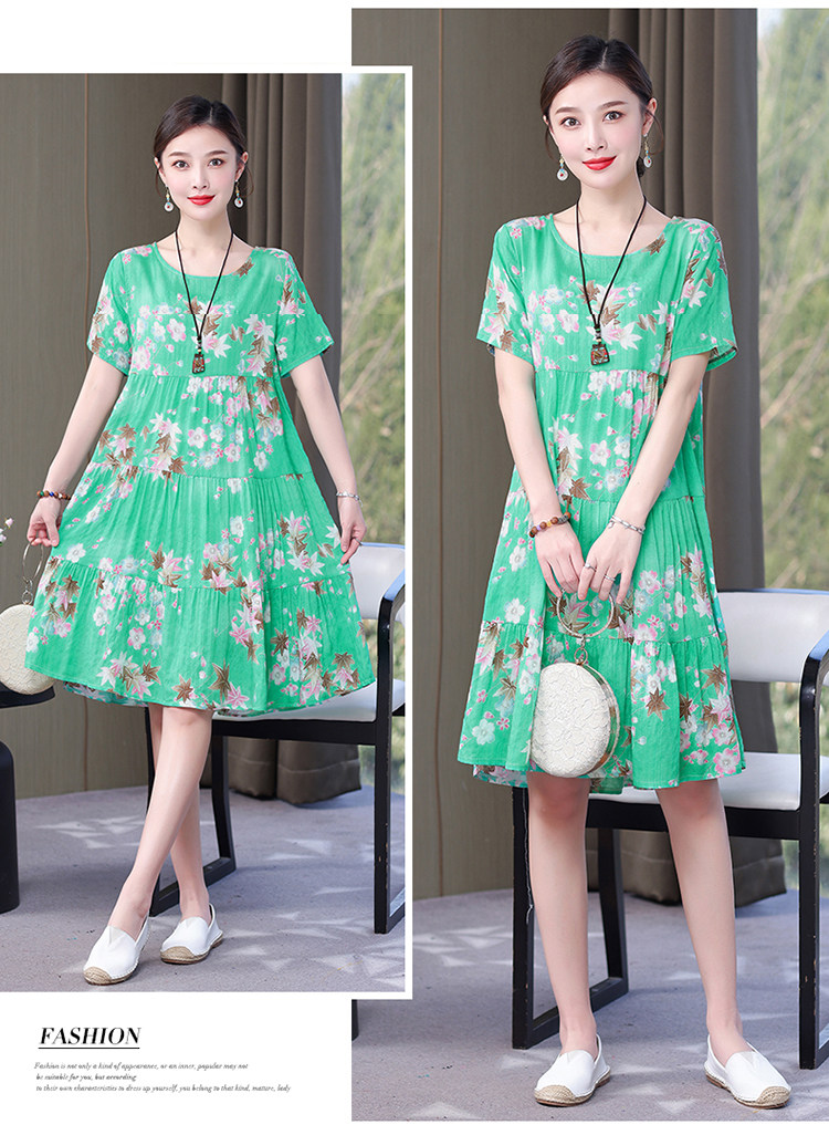 Mom Loose Slim Floral Cotton Silk Dress Summer Dress 2023 New Women's Short Sleeve Stylish Fashion Elegant