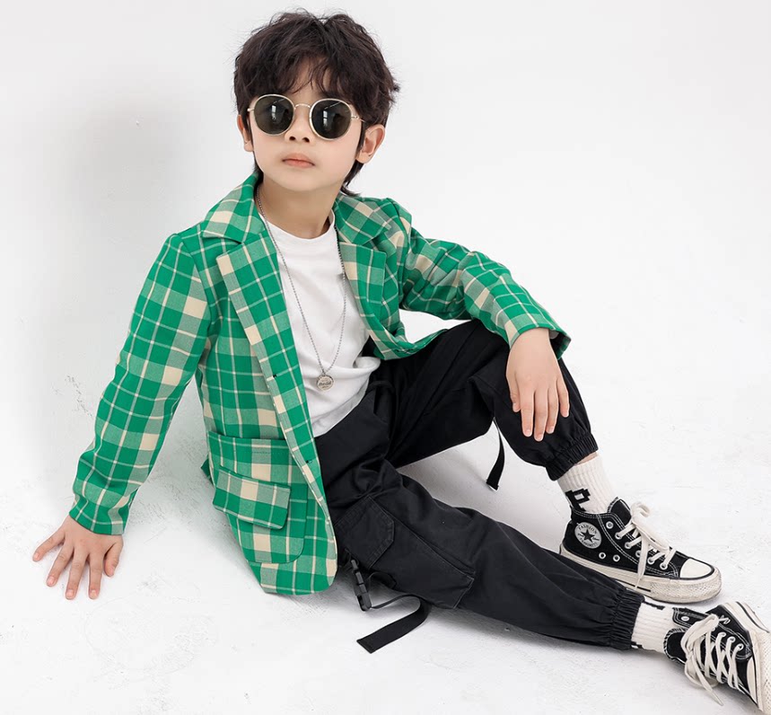 Spring and autumn new foreign Han version wave boy baby green plaid casual fried street walk show CUHK Tong suit jacket