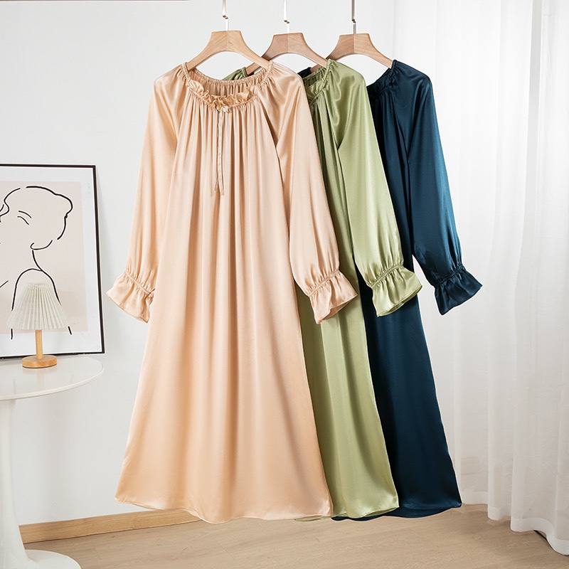 Silk Crepe Satin Nightgown, Large Size, Long-Sleeved, Women's Mulberry Silk Spring and Summer Sweet Pajamas, High-End Home Dress